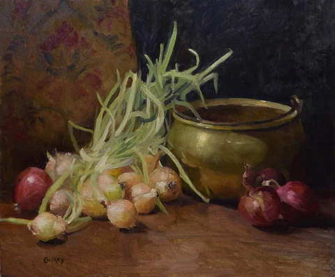 'BRASS POT WITH ONIONS' BY SUE GILKEY